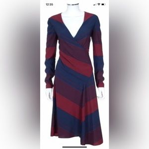 Tory Burch Lyon Blue/Burgundy bias cut stripe dress sz 12